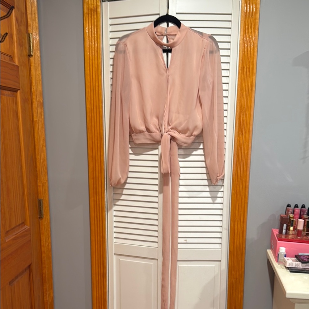 Fashion Nova Pink Tie Front Blouse with Mandarin Collar